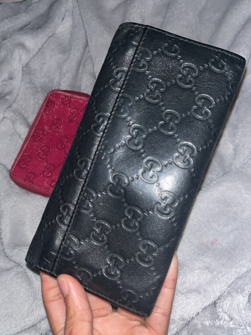 Gucci Black Embossed GG Continental Wallet & comes w/ 1 free mini red GG wallet
